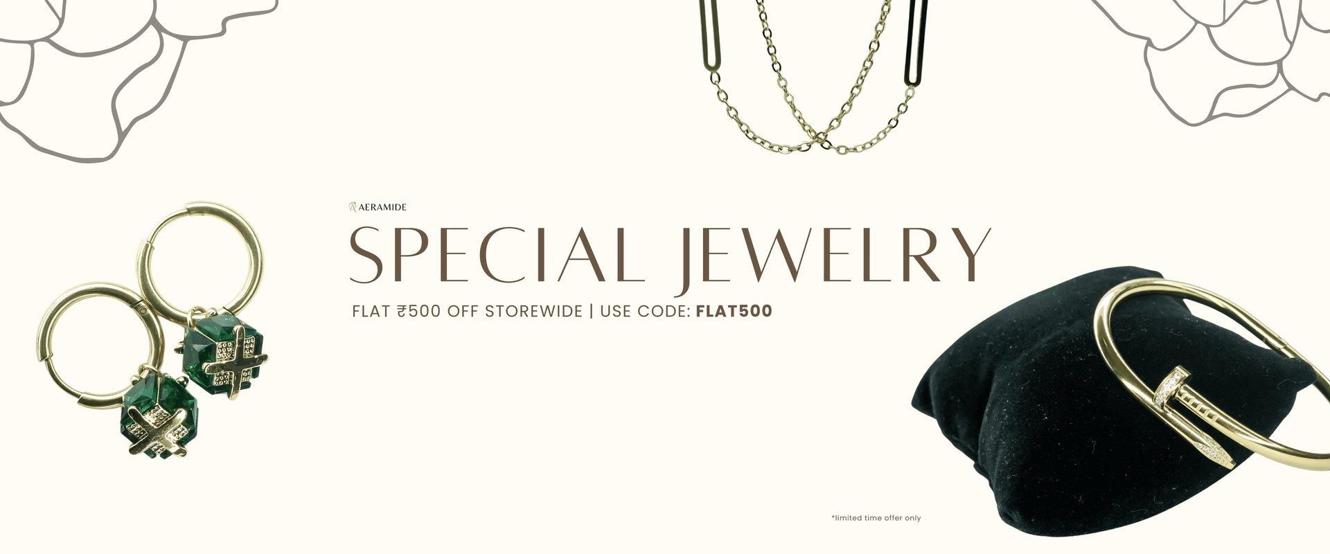 Promotional banner showing flat ₹500 off on all jewelry with a luxury design and gold accents