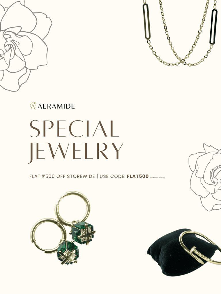 Promotional banner showing flat ₹500 off on all jewelry with a luxury design and gold accents