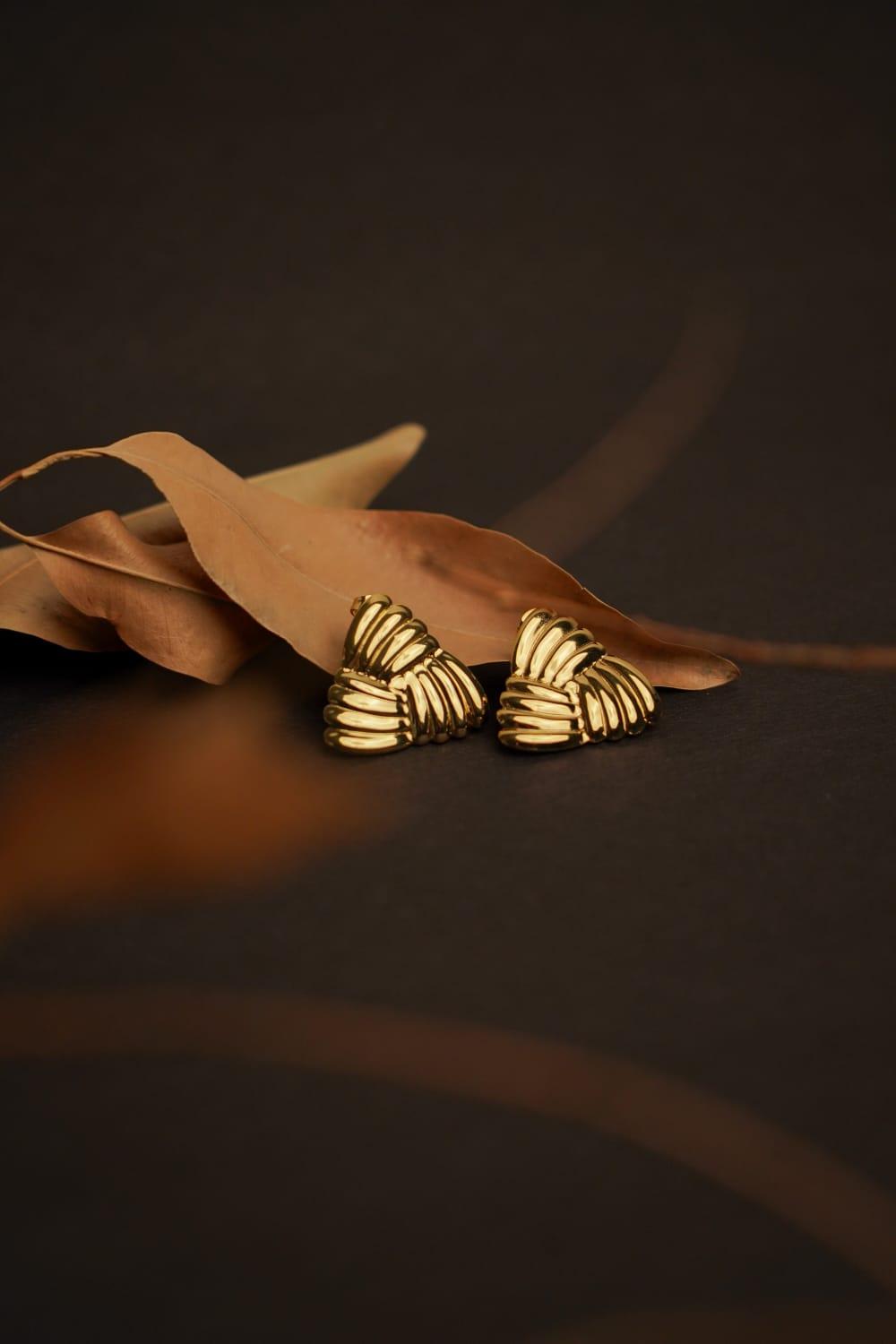 Golden Ribbed Fan Stud Earrings