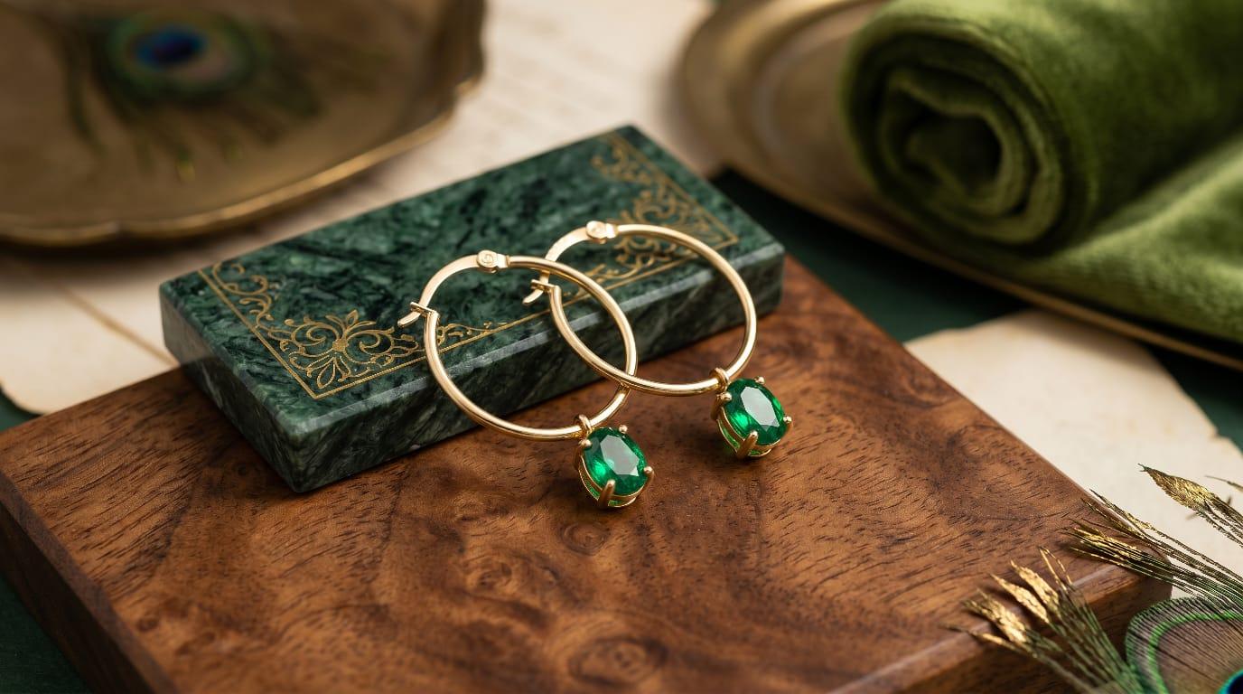 Emerald Green Gemstone Gold Hoop Earrings