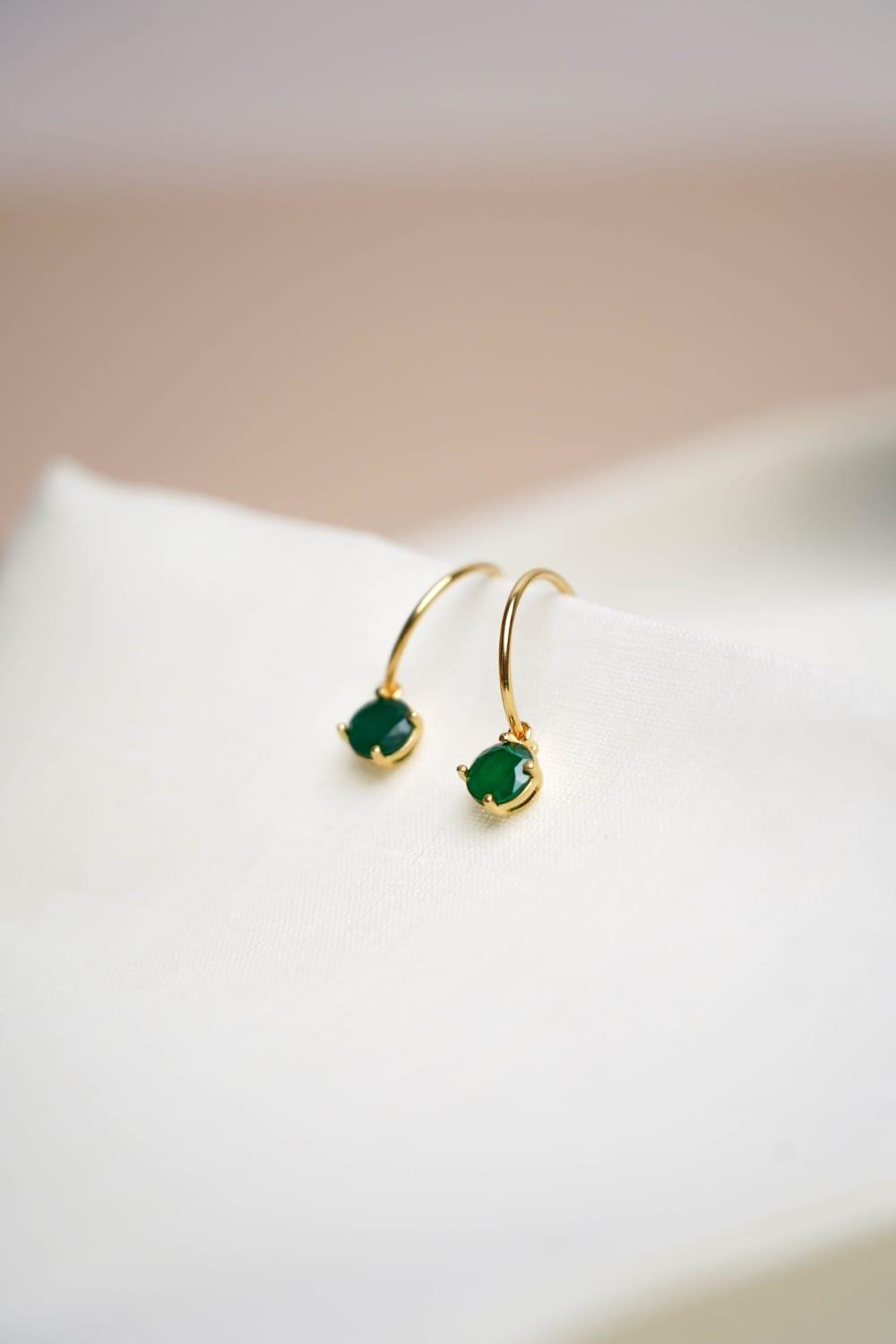 Emerald Green Gemstone Gold Hoop Earrings