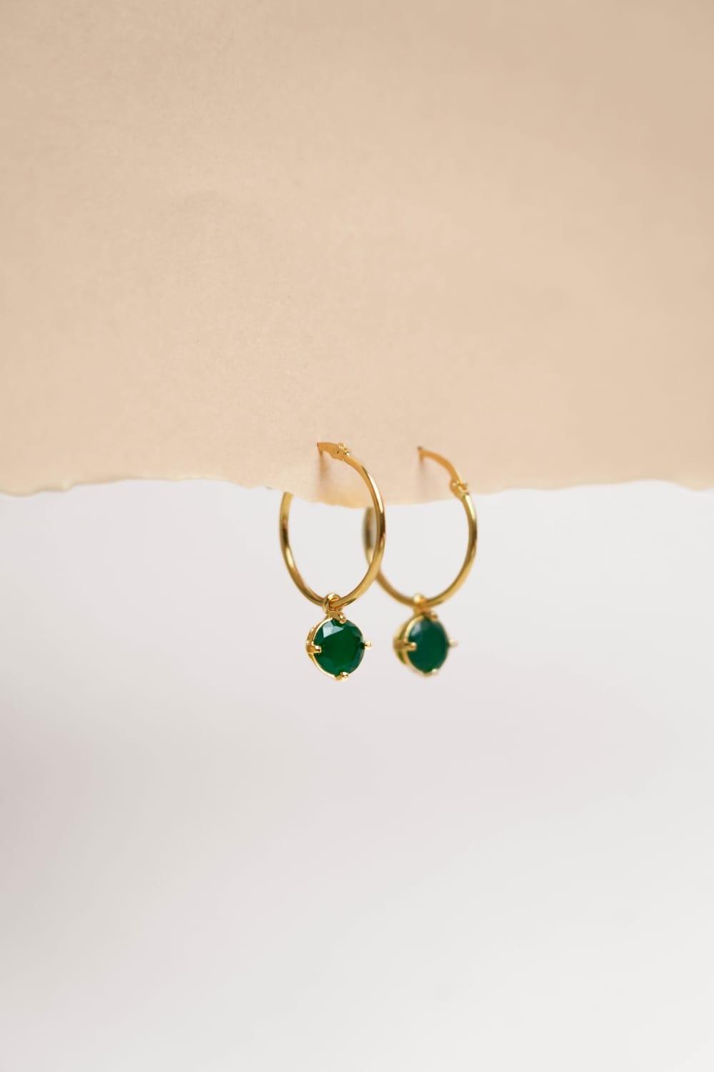 Emerald Green Gemstone Gold Hoop Earrings